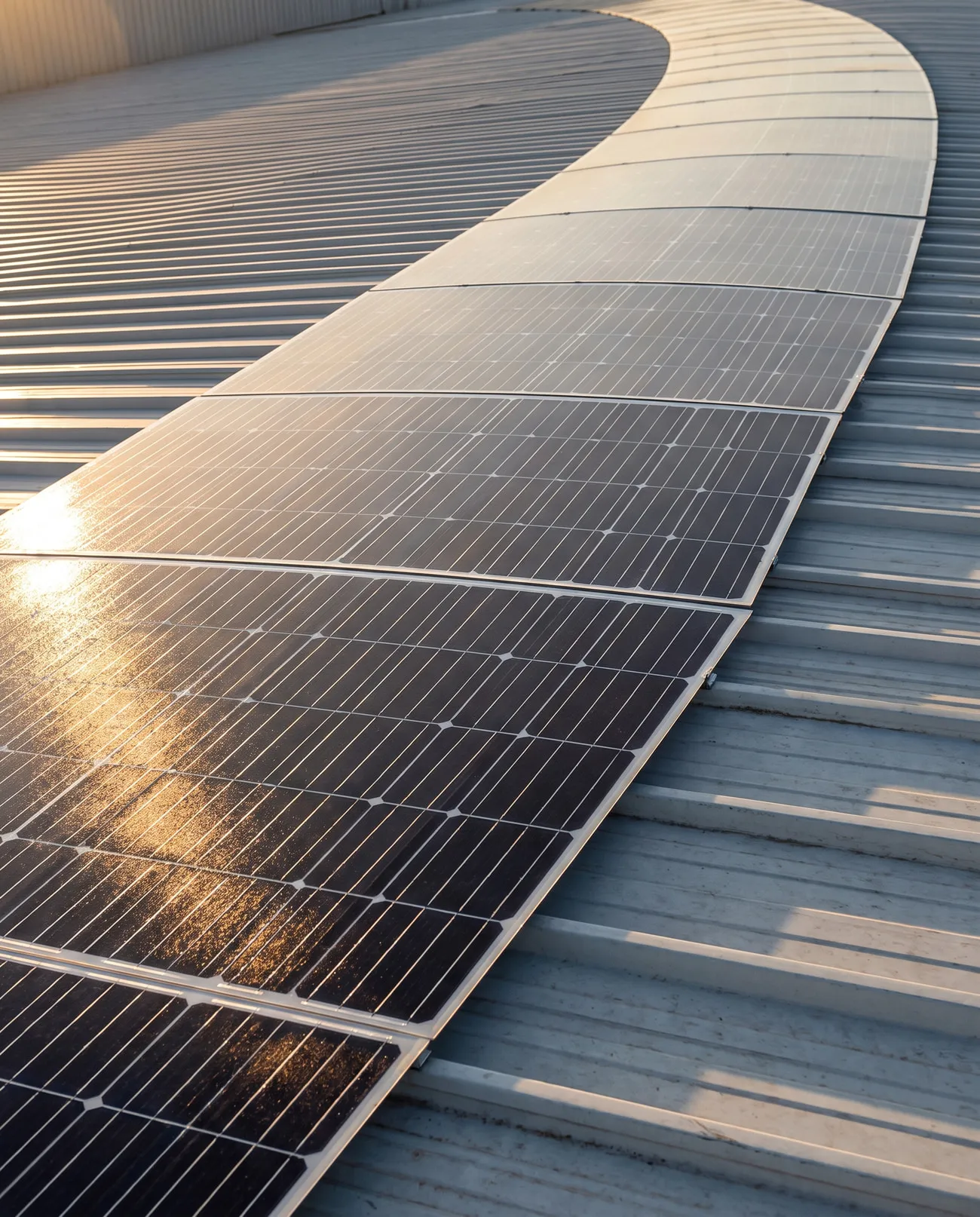 Lámina fotovoltaica fina adherida a una chapa curva, sin bastidor ni estructura de montaje.